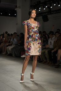 A model on the runway of the Dan Liu NYFW collection