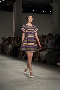 A model on the runway of the Dan Liu NYFW collection