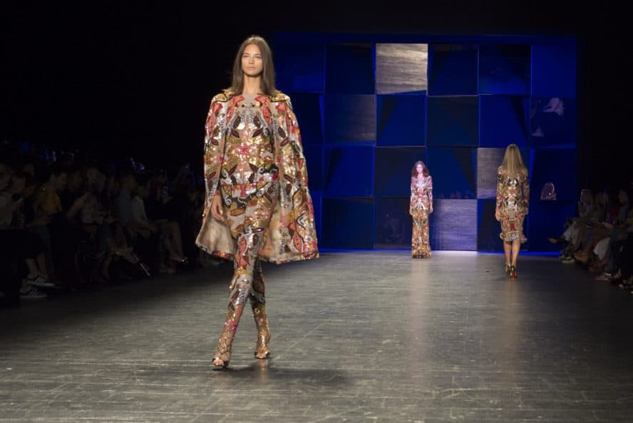 Beautiful models in bright colors on the runway of the Naeem Kahn NYFW SS17 collection