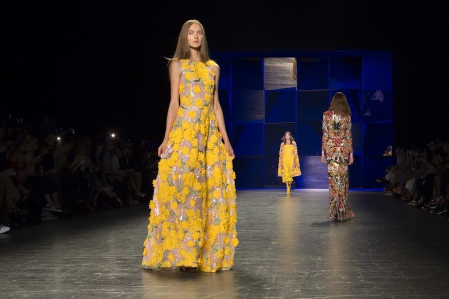 Beautiful models in bright colors on the runway of the Naeem Kahn NYFW SS17 collection