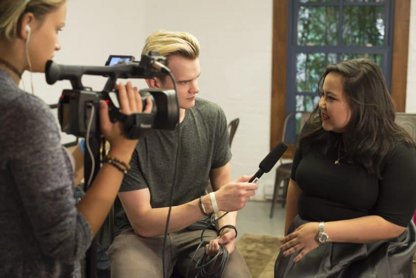 Interviewing the designer at the Jasmine Chong NYFW presentation.