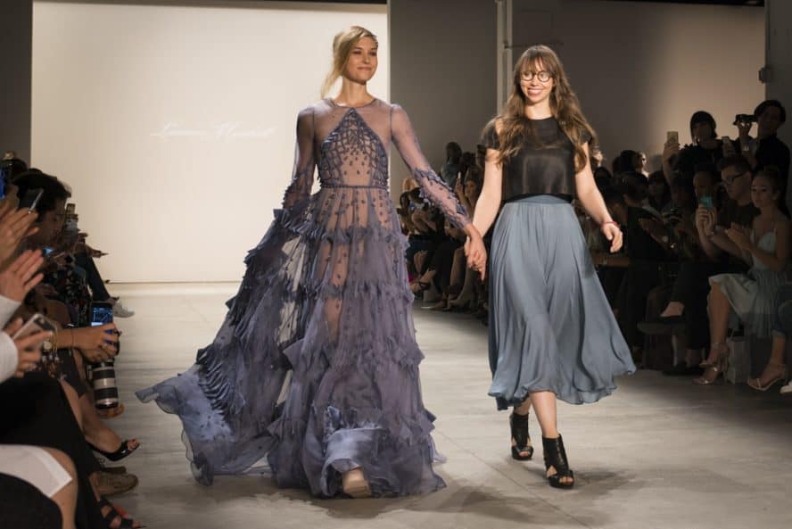 Deisgner Leanne Marshall with a model on the runway of her NYFW show