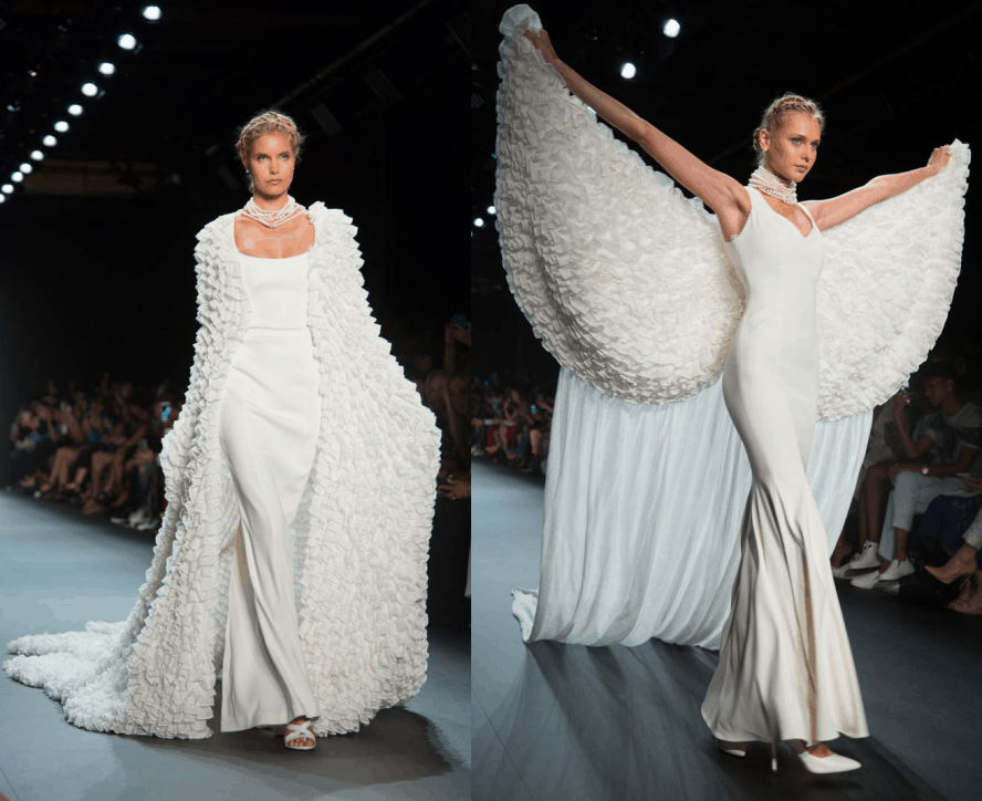 Ivory double dresses with sheer mesh ruffled wings and capes from the John Paul Ataker NYFW Spring / Summer 2017 Runway