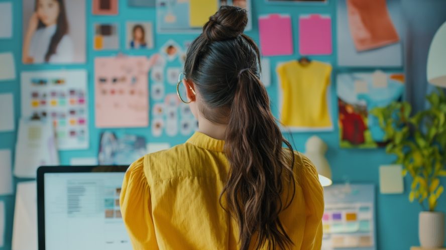 Woman looking at mood board on wall.