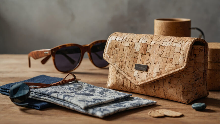 Accessories on a table including cork made clutch, sunglasses, and sunglass case made from fabric.