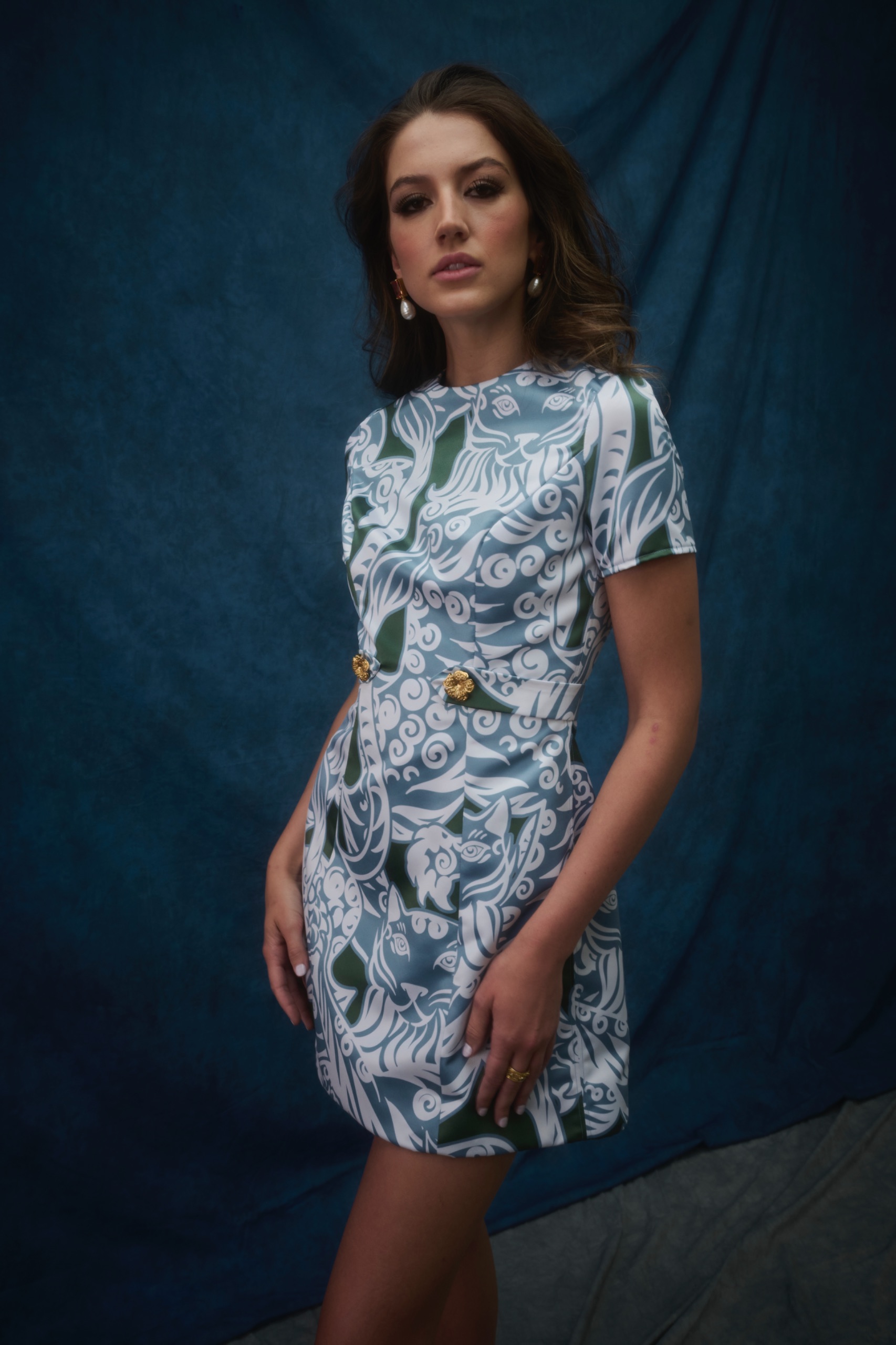 A model wearing a blue patterned dress.